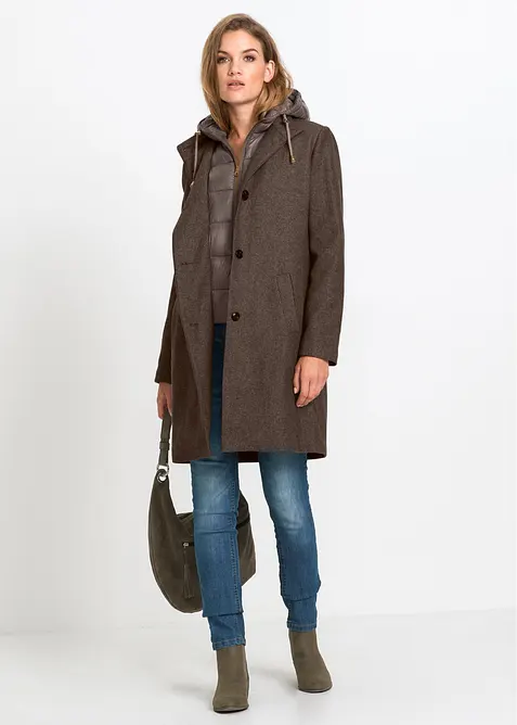 Kort vinterkappa med 2-i-1-look och yllek&auml;nsla, bonprix