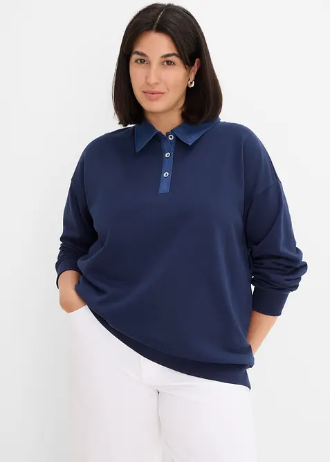 Oversizesweatshirt med denimkrage i bomullsmix, bonprix