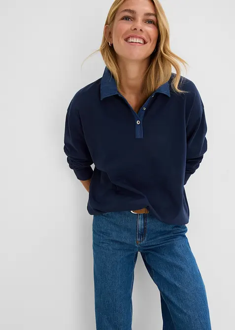 Oversizesweatshirt med denimkrage i bomullsmix, bonprix