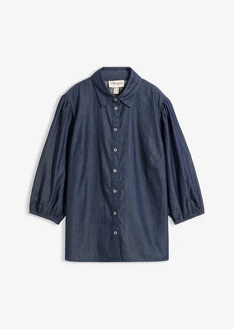 Jeansblus med puff&auml;rmar, i ekologisk bomull, bonprix