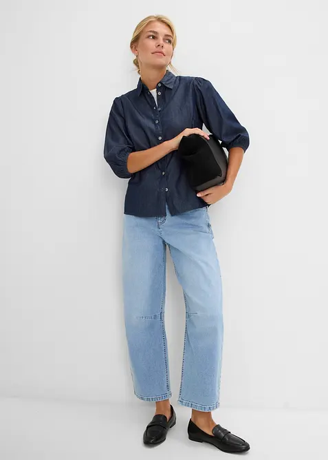 Jeansblus med puff&auml;rmar, i ekologisk bomull, bonprix