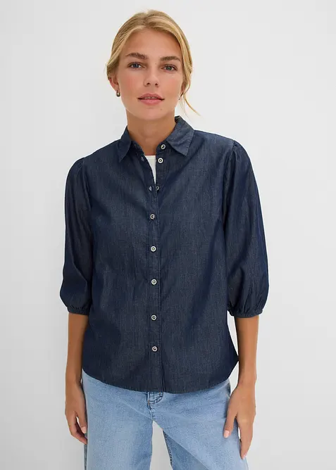 Jeansblus med puff&auml;rmar, i ekologisk bomull, bonprix