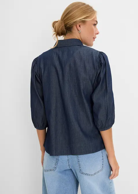 Jeansblus med puff&auml;rmar, i ekologisk bomull, bonprix