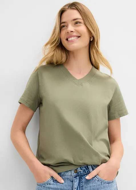T-shirt med V-ringning i ekologisk bomull (3-pack), bonprix