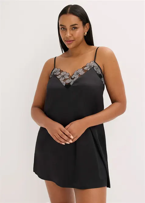 Neglig&eacute; i satin med elegant broderi, bonprix