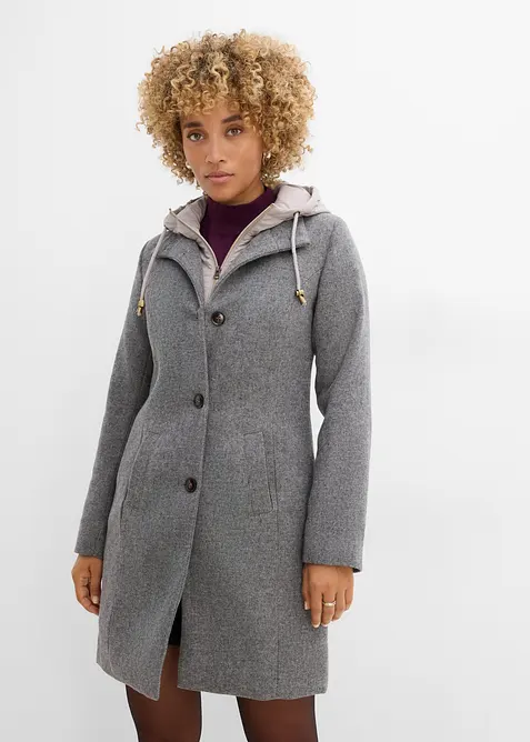 Kort vinterkappa med 2-i-1-look och yllek&auml;nsla, bonprix