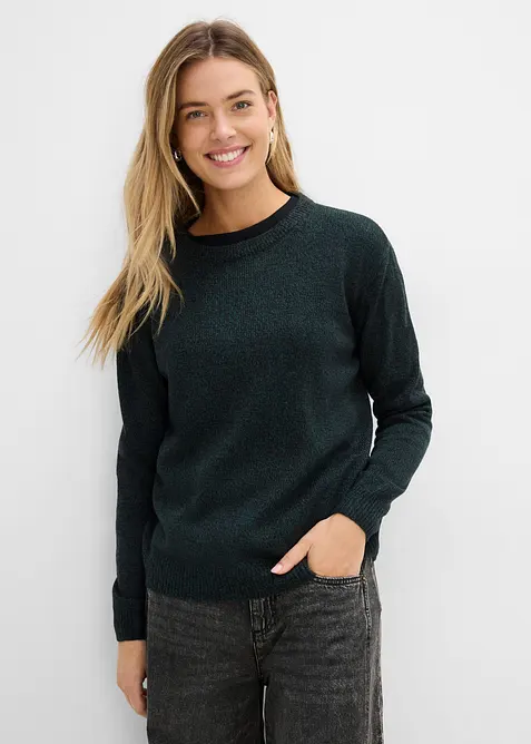 Stickad tr&ouml;ja med rund halsringning i melerad look, bonprix