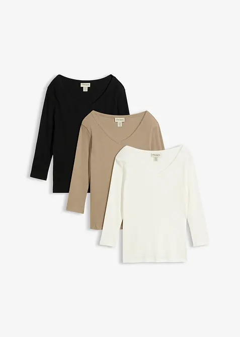 Ribbstickad topp med 3/4-&auml;rmar, av ekologisk bomull (3-pack), bonprix