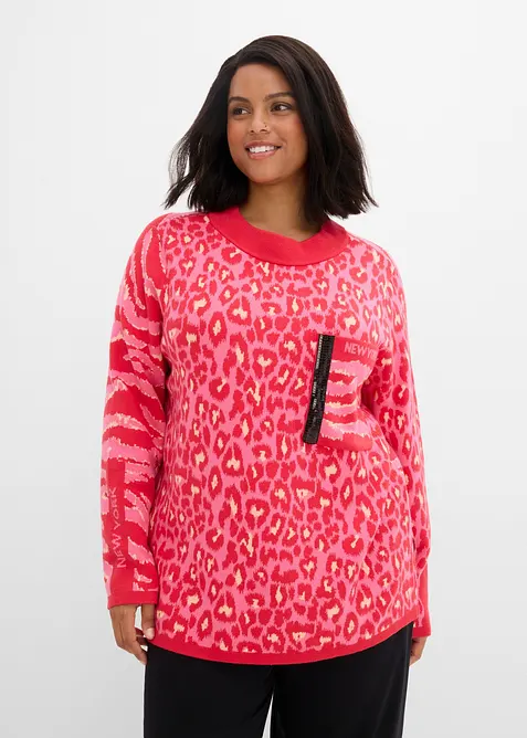 Finstickad tr&ouml;ja med tryckt leopardm&ouml;nster, bonprix