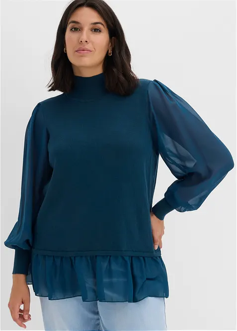 Finstickad tr&ouml;ja med blusinf&auml;llning, bonprix