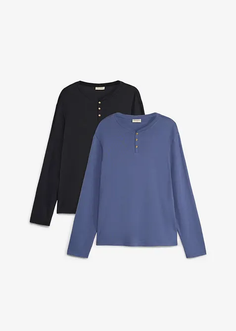 Ribbad topp med farfarskrage l&aring;nga &auml;rmar (2-pack), bonprix