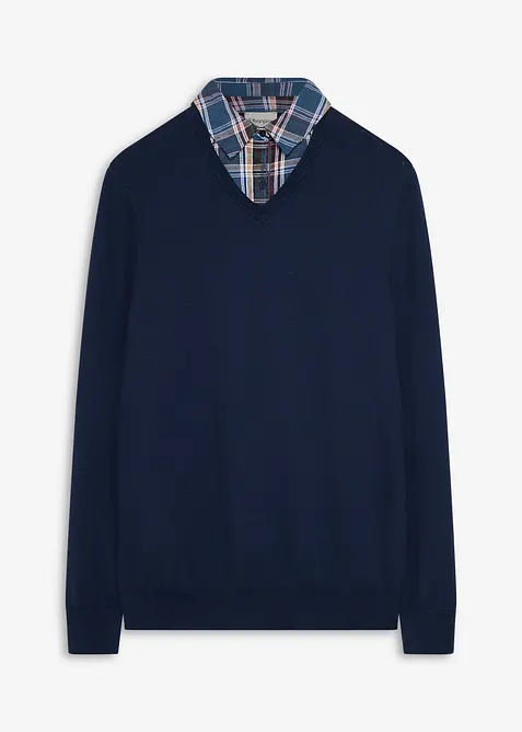 Stickad tr&ouml;ja med p&aring;sydd skjortkrage, bonprix