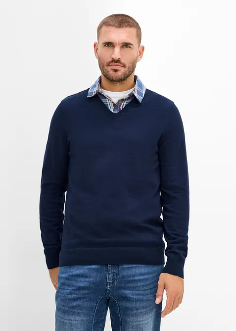Stickad tr&ouml;ja med p&aring;sydd skjortkrage, bonprix