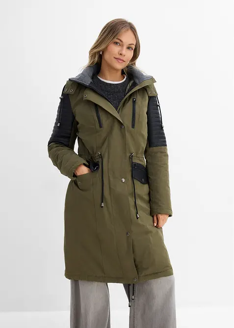 L&aring;ng parkas med inf&auml;llningar av skinnimitation, bonprix