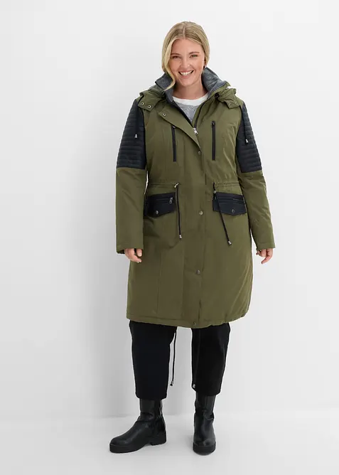 L&aring;ng parkas med inf&auml;llningar av skinnimitation, bonprix