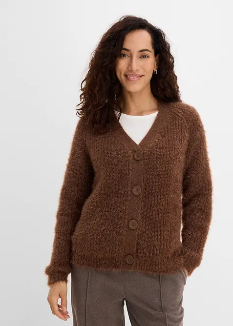 Ribbstickad cardigan med glansiga effekter, bonprix