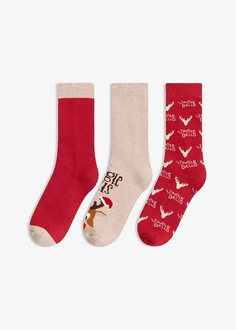V&auml;rmande strumpor med julmotiv och insida i frott&eacute; (3-pack), bonprix