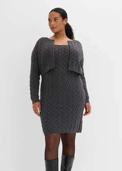 Stickad kl&auml;nning med p&aring;sydd cardigan, bonprix