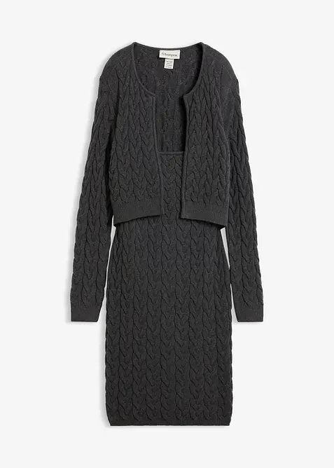 Stickad kl&auml;nning med p&aring;sydd cardigan, bonprix