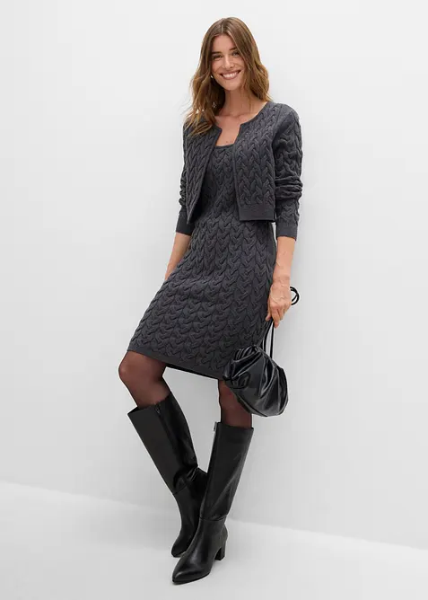 Stickad kl&auml;nning med p&aring;sydd cardigan, bonprix