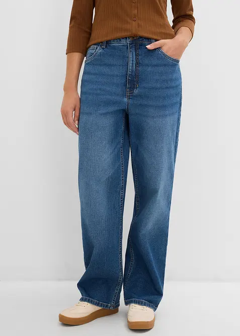 Wide Leg-jeans, Mid Waist med leopardm&ouml;nstrade detaljer, bonprix