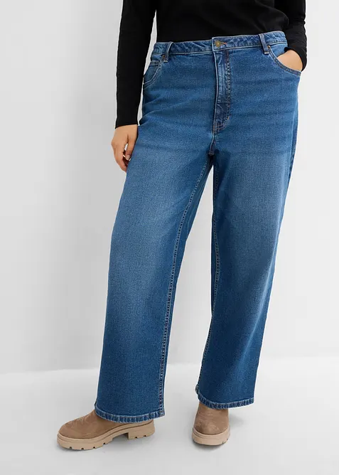 Wide Leg-jeans, Mid Waist med leopardm&ouml;nstrade detaljer, bonprix