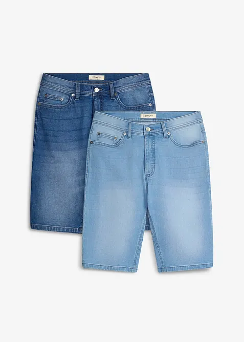 Stretchiga jeansshorts med f&ouml;rst&auml;rkt gren, Regular Fit (2-pack), bonprix
