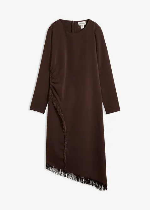 Mellanl&aring;ng kl&auml;nning med asymmetrisk nederkant och fransar, bonprix