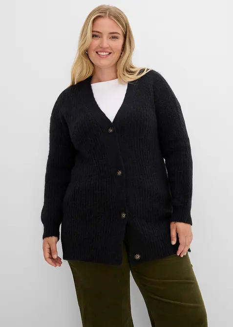 Grovstickad cardigan med ylleandel, bonprix