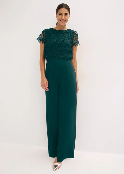 Jumpsuit av stabil trik&aring; med spets, bonprix