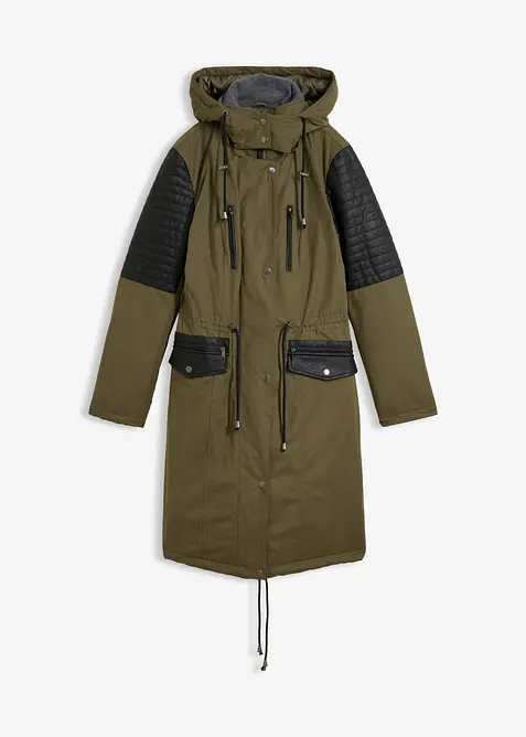 L&aring;ng parkas med inf&auml;llningar av skinnimitation, bonprix