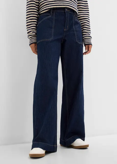 Wide Leg Jeans Mid Waist, med p&aring;sydda fickor, bonprix