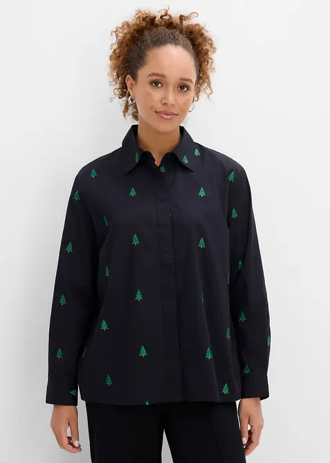 Skjortblus i ekologisk bomull med broderi, bonprix