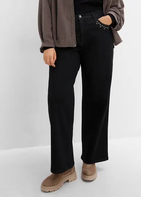 Wide Leg Jeans High Waist, med nitar, bonprix