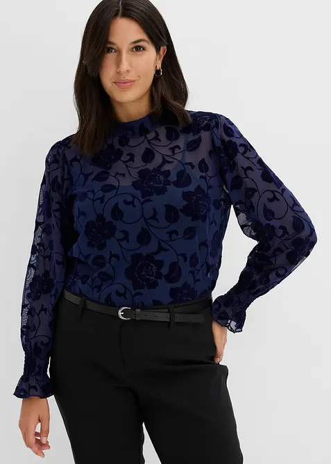Transparent topp med l&aring;nga &auml;rmar och flocktryck, bonprix