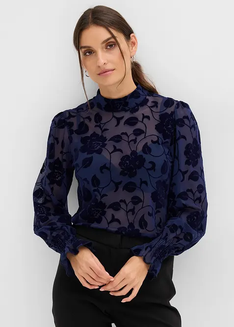 Transparent topp med l&aring;nga &auml;rmar och flocktryck, bonprix