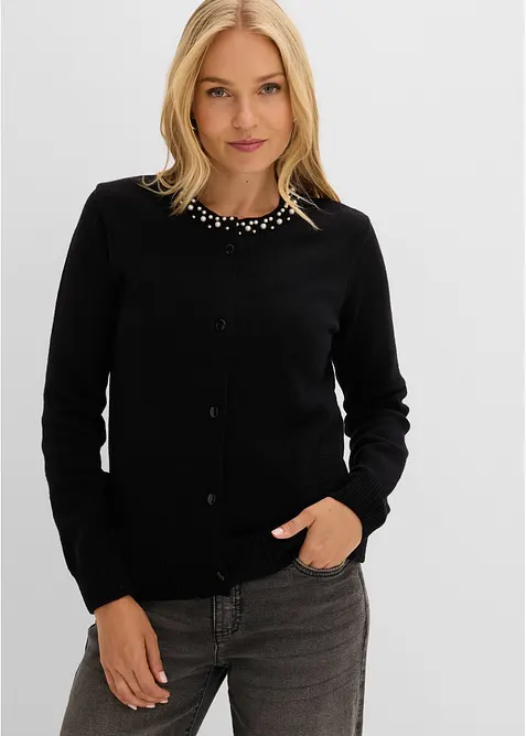 Finstickad cardigan med p&auml;rlkrage, bonprix
