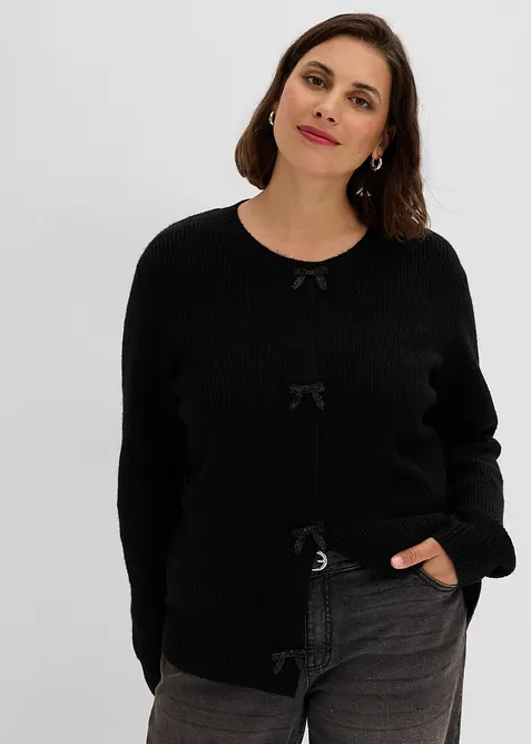 Finstickad cardigan med rosetter, bonprix