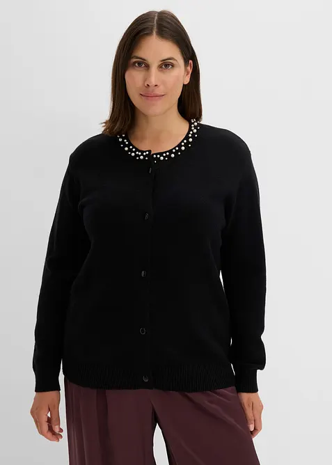 Finstickad cardigan med p&auml;rlkrage, bonprix