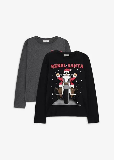 L&aring;ng&auml;rmad T-shirt med ekologisk bomull och julmotiv (2-pack), bonprix