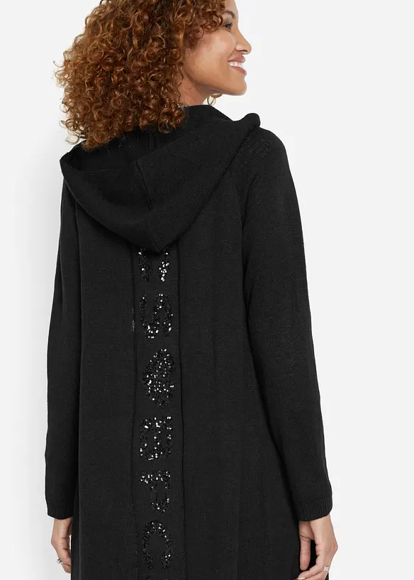 Lång cardigan med paljetter och luva, bonprix