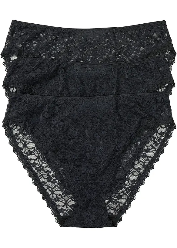 Maxitrosa med återvunnen spets och högt skurna benöppningar (3-pack), bonprix