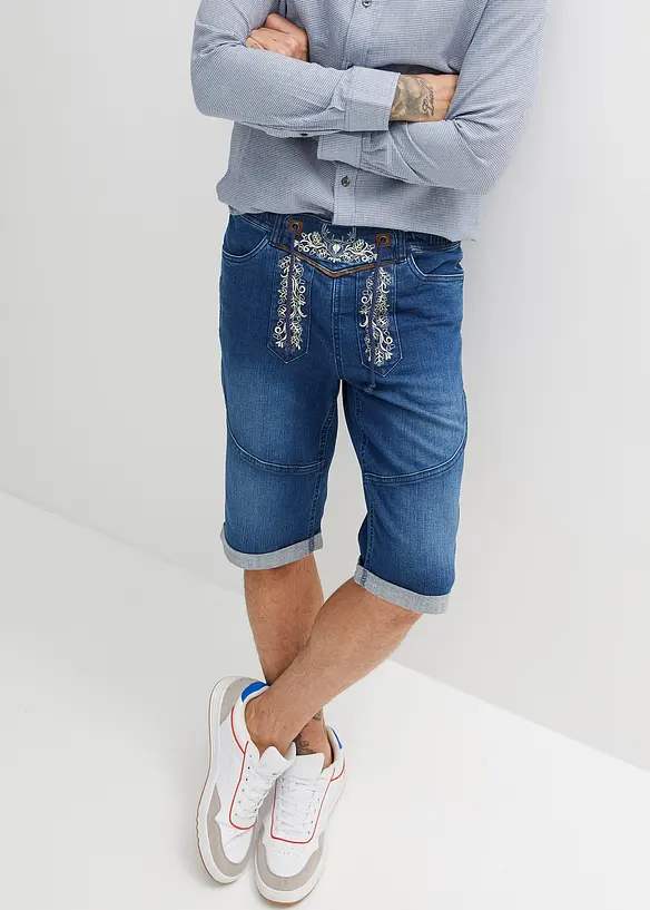 Stretchiga jeansbermudas med broderi, Regular Fit, bonprix
