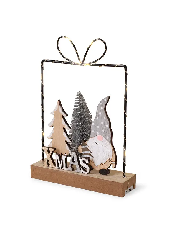 Prydnad med tomtenisse, gran och LED-belysning, bonprix