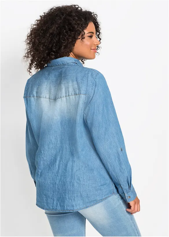 Jeansblus med tryckknappar, l&aring;ng&auml;rmad, bonprix