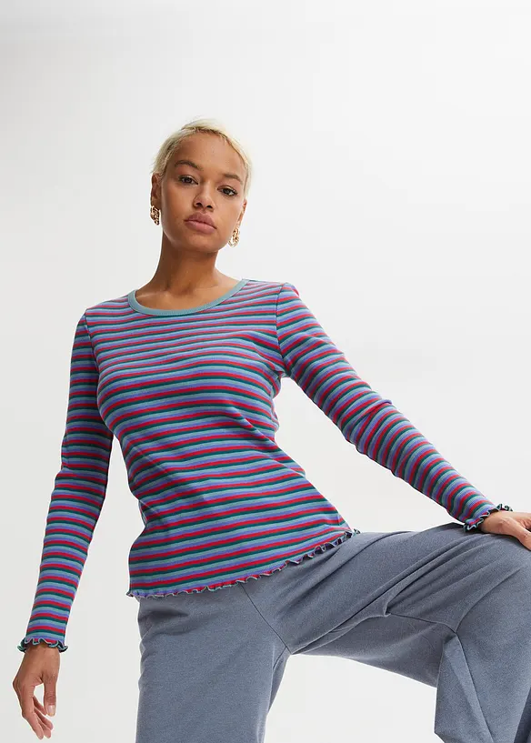 Randig ribbstickad topp i ekologisk bomull, bonprix