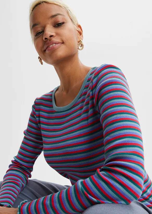 Randig ribbstickad topp i ekologisk bomull, bonprix