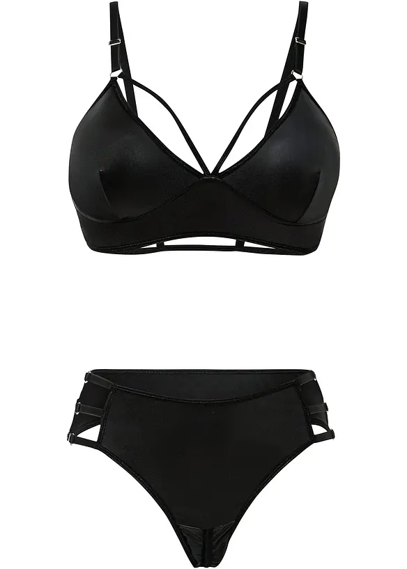 BH-topp och stringtrosa ouvert med wetlook (2 delar), bonprix