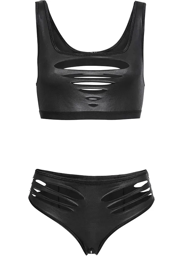 BH-topp + trosa ouvert med öppen gren i wet-look (2 delar), bonprix
