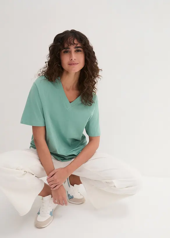 Vid lång topp med V-ringning (5-pack), kortärmad, bonprix